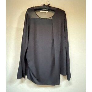 209 WST Women's Long Sleeve Lagenlook Wrap Blouse Sheer Yoke Top Large Black